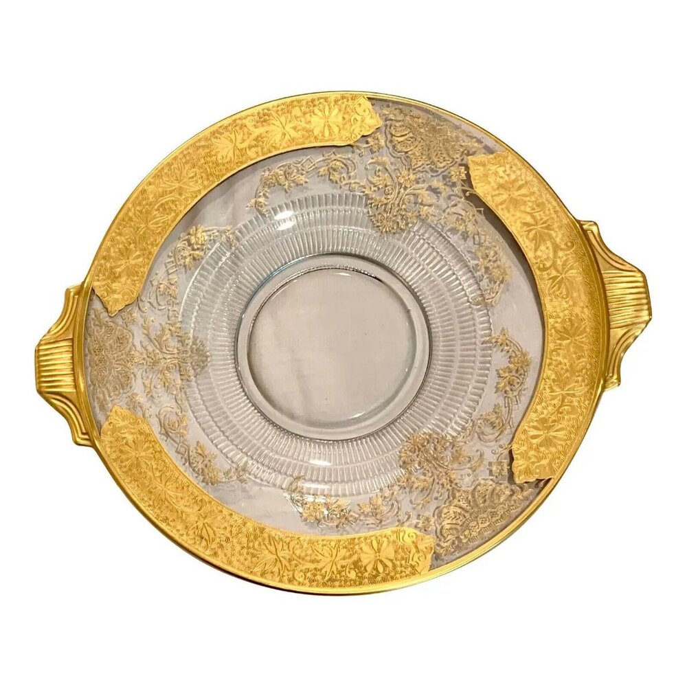 19th Century Gold Encrusted Clear Glass Server With Handles